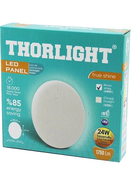Thorlıght S-224 24W 16.8cm Beyaz LED Panel Sıva Altı Ayarlı Mandallı 6400K - 1750LM - 18000 Saat - 2835 Smd