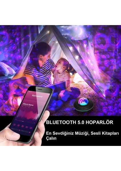 Bluetooth Projektör Gece Lambası Uzaktan Kumandalı Rgb LED Hoparlör Yıldızlı Gökyüzü Işık Efekti, Müzik Çalar