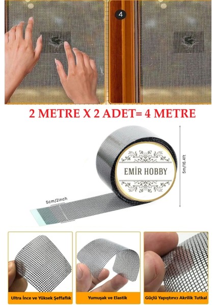Sineklik Yaması 50MMX2MT 2 Adet Tamir Kiti Bantı , Sineklik Yama Tamir Bandı (2x2 = 4 Metre) Gri