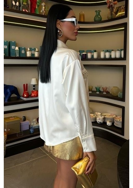 Yaka ve Cep Inci Taşlı Saten Gömlek 3423 indirimleri