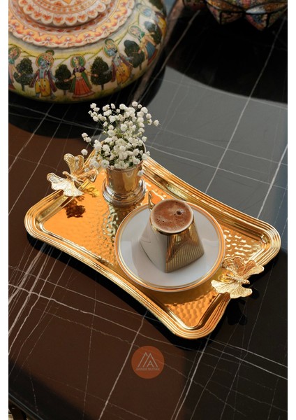 Kelebekli Dövme Desenli Kahve Sunumluk Metal Damat Söz Tepsisi Gold 25X16 cm