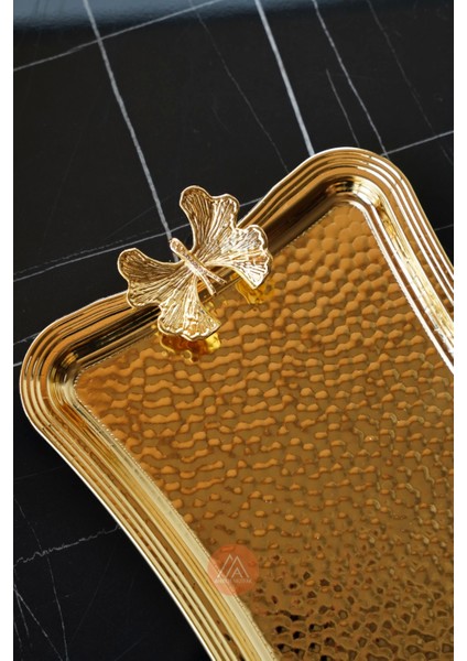 Kelebekli Dövme Desenli Kahve Sunumluk Metal Damat Söz Tepsisi Gold 25X16 cm fiyatları