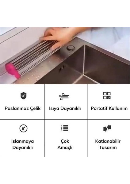 Buffer® Evye Üstü Katlanır Nihale Paslanmaz Çelik Pratik Sebze Meyve Bulaşık Kurutma Süzgeci