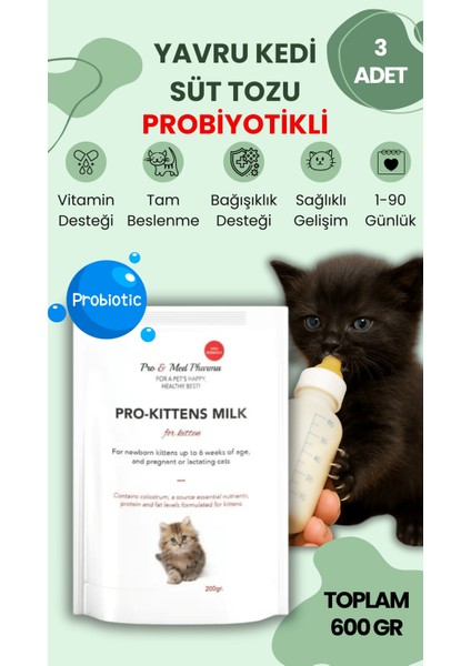 3 Adet Anne Sütü Destekli Probiyotikli Yavru Kedi Süt Tozu 200 gr Probiyotikli Hamile Kedi Kullanımına Uygun