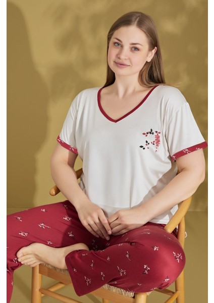 Kadın Düğmesiz V Yaka Yazlık Pamuk Likra Büyük Beden Kısa Kol Pijama Takımı
