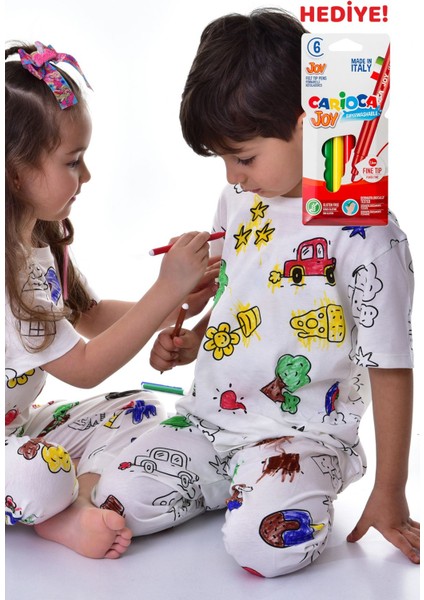 En Sevimli Figürleri Özel Kalemi ile Boyanabilir Çocuk Pijama Takımı (Yıkama Sonrası Leke Bırakmaz)