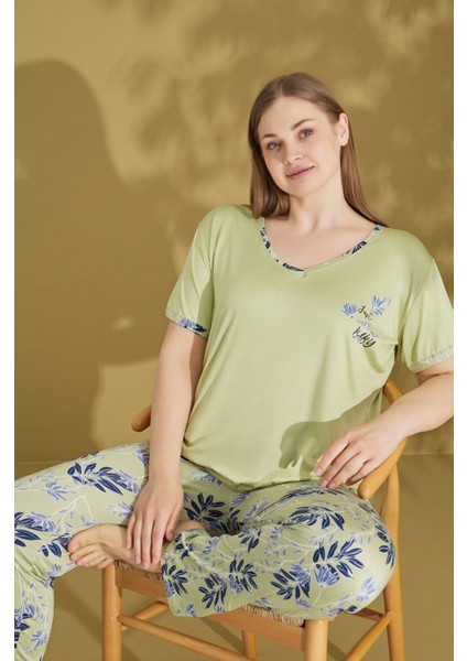 Kadın Düğmesiz V Yaka Yazlık Pamuk Likra Büyük Beden Kısa Kol Pijama Takımı