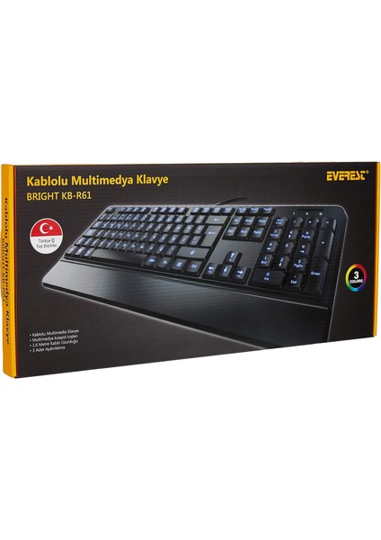 KB-R61 Brıght Siyah USB 3 Renk Aydınlatmalı Q Sabit Bilek Destekli Multimedia Klavye