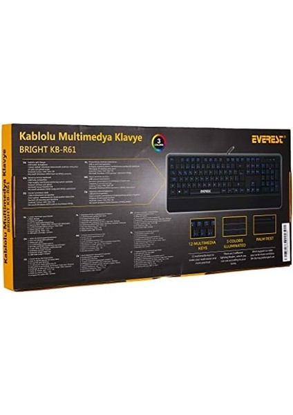 KB-R61 Brıght Siyah USB 3 Renk Aydınlatmalı Q Sabit Bilek Destekli Multimedia Klavye