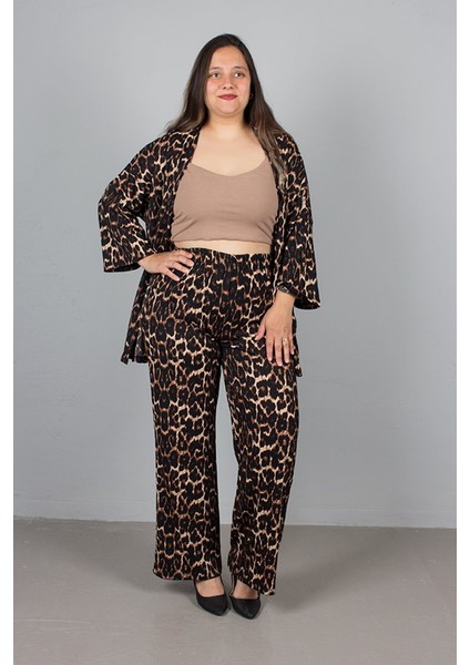 Büyük Beden Crep Leopar Ceket Pantolon Kimona Takım
