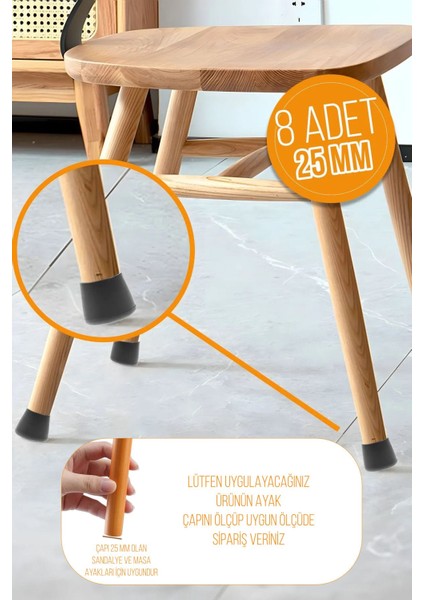 8 Adet Sessiz Tip Sandalye Pabucu Masa Sandalye Zemin Koruyucu 2,5 cm Siyah