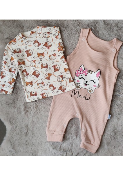 3-9 Ay Meow Baskılı Bahçıvan Kız Bebek Tulum
