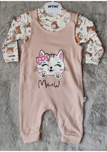 3-9 Ay Meow Baskılı Bahçıvan Kız Bebek Tulum