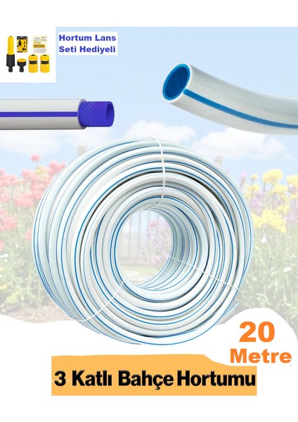 Bahçe Hortumu 20 Metre 3 Katlı Kalın Sağlam Çeşme Su Sulama Hortum Araç Araba Yıkama 12.5 mm 1/2'