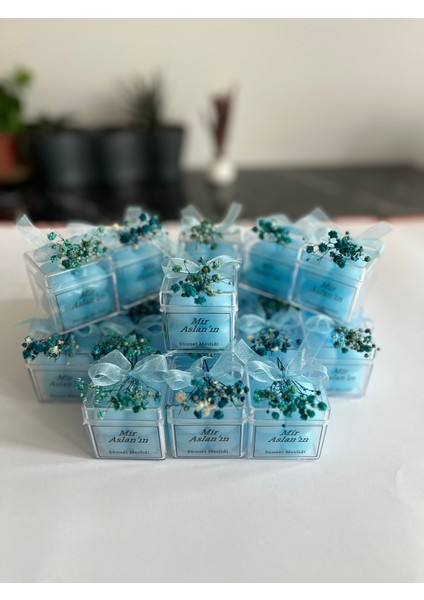 Sünnet Mevlit Baby Shower Için Hediyelik Mavi Renk Mika Kutu Mum 10'lu