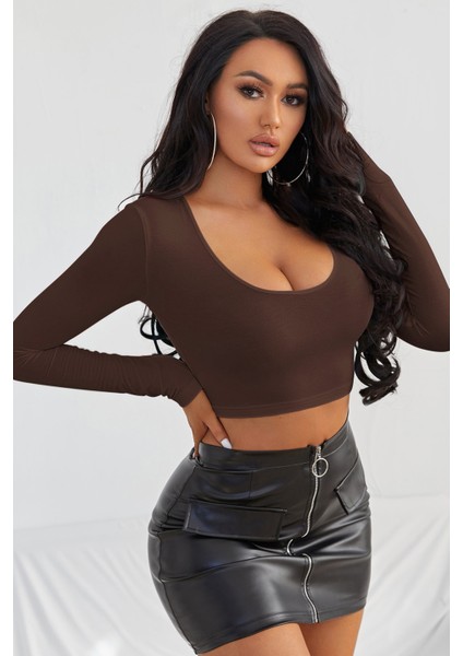 Azze Kadın Kahverengi Uzun Kol Kare Yaka Crop Top Bluz indirimleri