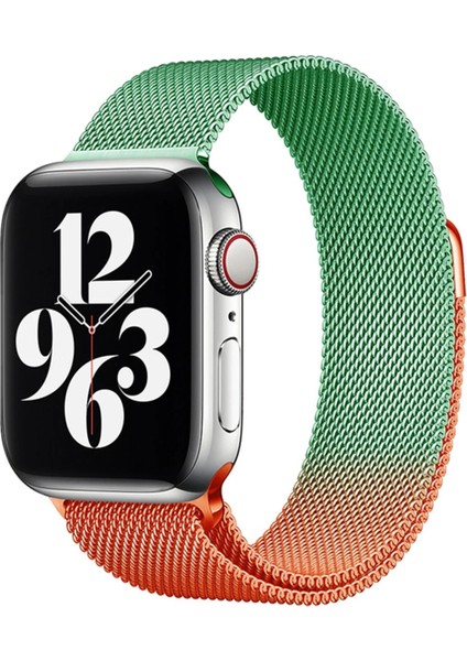 Apple Watch 38MM Metal Mıknatıslı Kordon - Turuncu-Yeşil Nrmsa