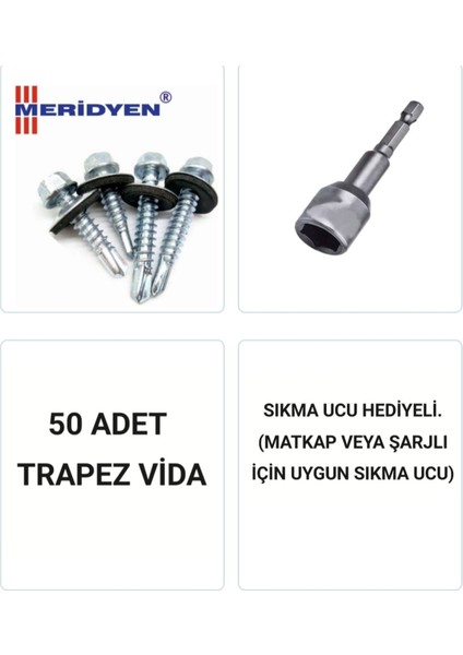 Trapez Vidası 5,5 x 50 Mm. / Çatı Vidası / Akıllı Sac Vidası / ( 50 Adet ) Uç Hediyeli