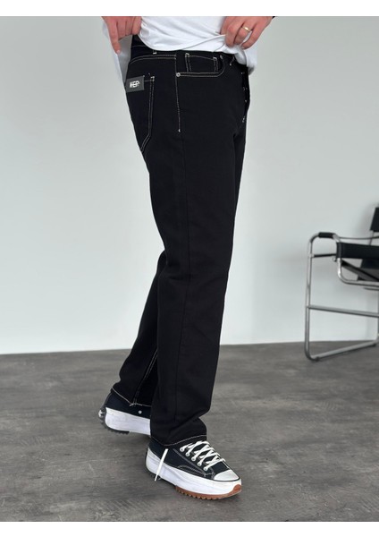 Erkek Straight Fit Beyaz Dikiş Detaylı Jean Pantolon Siyah fiyatları
