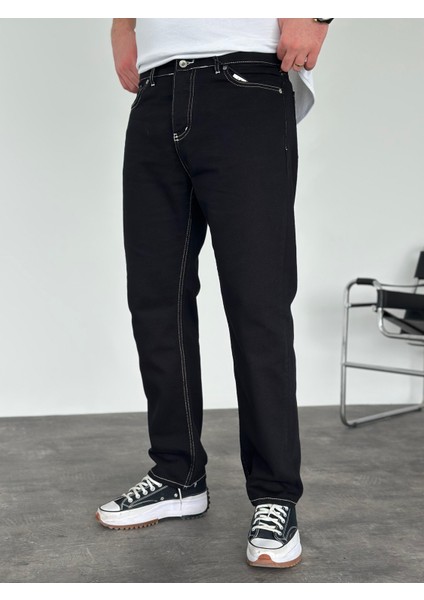 Erkek Straight Fit Beyaz Dikiş Detaylı Jean Pantolon Siyah modelleri