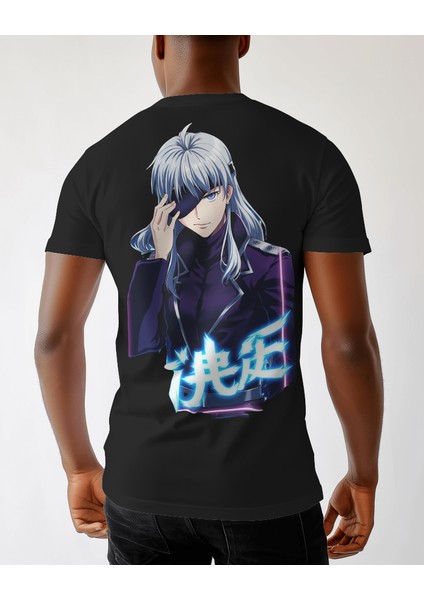 Anime Karakter ve Eye Of Destiny Baskılı Siyah Erkek Tişört – Ön ve Arka Tasarımlı
