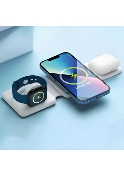 Nomtekno/3in1 Şarj Pedi Kulaklık Saat Telefon Magnetıc Wıreless Şarj Seti Taşınabilir Katlanabilir