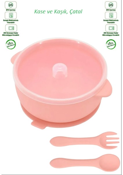Silikon Beslenme Seti Silikon Vakumlu Kapaklı Mama Kasesi , Silikon Önlük, Çatal ve Kaşık