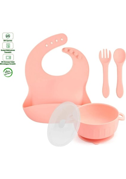 Silikon Beslenme Seti Silikon Vakumlu Kapaklı Mama Kasesi , Silikon Önlük, Çatal ve Kaşık fiyatları