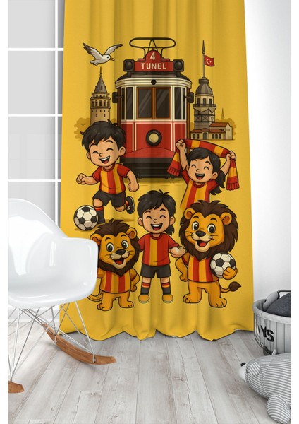 Çocuk ve Bebek Odası Sarı Kırmızı Taraftar Futbol Serisi Fon Perde Tek Kanat (Curtaın)