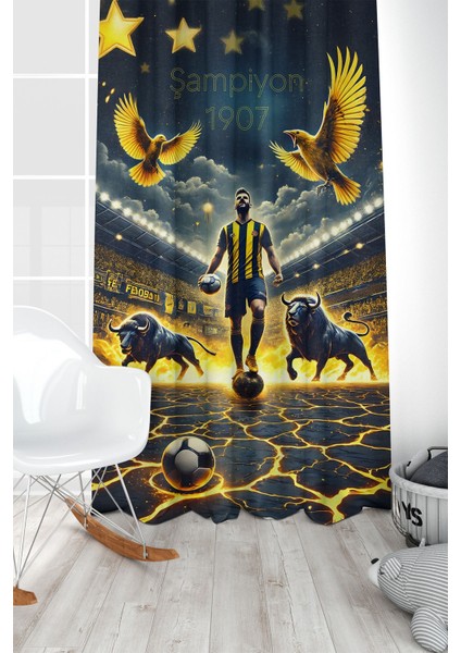 Çocuk ve Bebek Odası Sarı Lacivert Taraftar Futbol Serisi Fon Perde Tek Kanat (Curtain)