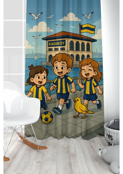 Çocuk ve Bebek Odası Sarı Lacivert Taraftar Futbol Serisi Fon Perde Tek Kanat (Curtaın)