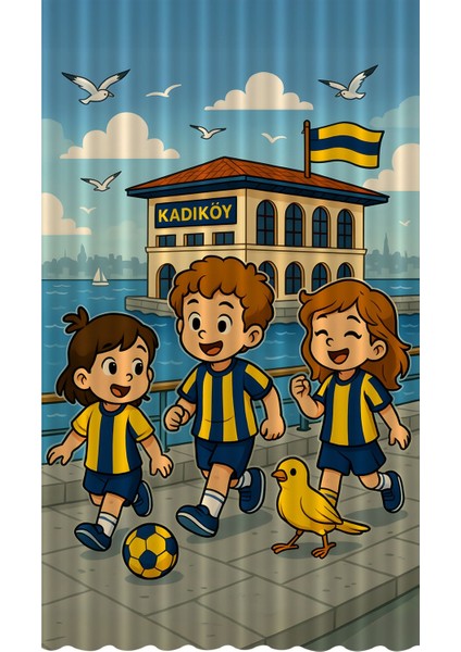 Çocuk ve Bebek Odası Sarı Lacivert Taraftar Futbol Serisi Fon Perde Tek Kanat (Curtaın)