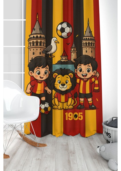 Çocuk ve Bebek Odası Sarı Kırmızı Taraftar Futbol Serisi Fon Perde Tek Kanat (Curtaın)