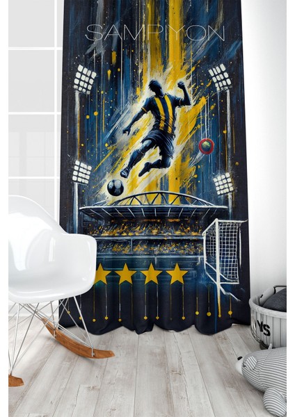 Çocuk ve Bebek Odası Sarı Lacivert Taraftar Futbol Serisi Fon Perde Tek Kanat (Curtain)
