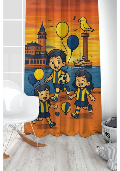 Çocuk ve Bebek Odası Sarı Lacivert Taraftar Futbol Serisi Fon Perde Tek Kanat (Curtaın)