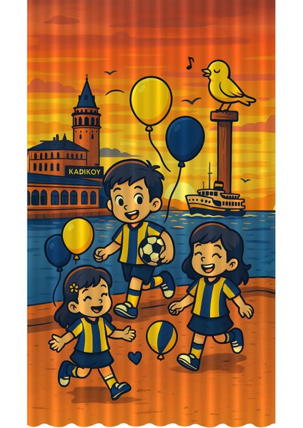 Çocuk ve Bebek Odası Sarı Lacivert Taraftar Futbol Serisi Fon Perde Tek Kanat (Curtaın)