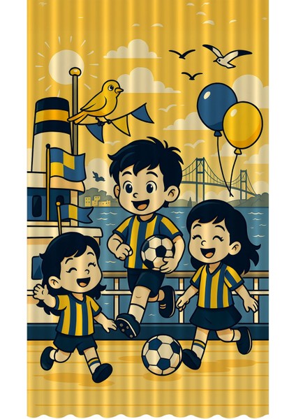 Çocuk ve Bebek Odası Sarı Lacivert Taraftar Futbol Serisi Fon Perde Tek Kanat (Curtaın)