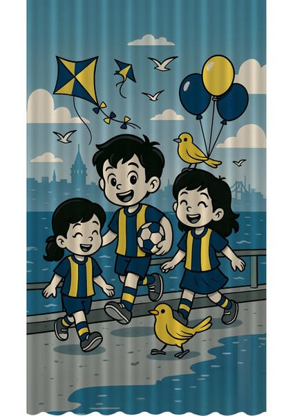 Çocuk ve Bebek Odası Sarı Lacivert Taraftar Futbol Serisi Fon Perde Tek Kanat (Curtaın)
