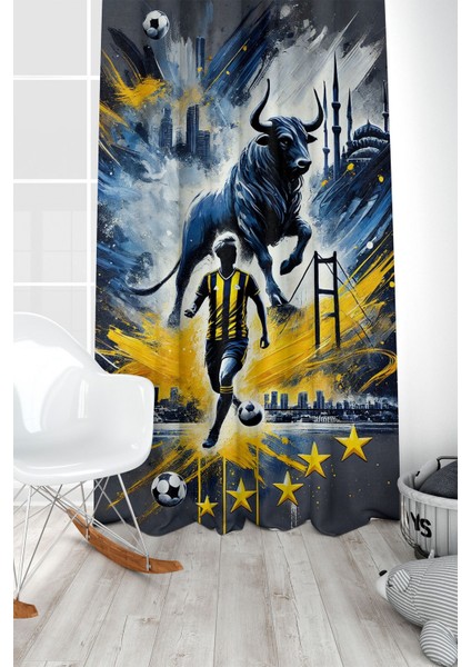 Çocuk ve Bebek Odası Sarı Lacivert Taraftar Futbol Serisi Fon Perde Tek Kanat (Curtain)