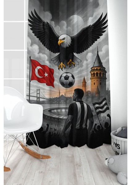 Çocuk ve Bebek Odası Siyah Beyaz Taraftar Futbol Serisi Fon Perde Tek Kanat (Curtaın)