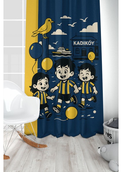 Çocuk ve Bebek Odası Sarı Lacivert Taraftar Futbol Serisi Fon Perde Tek Kanat (Curtaın)