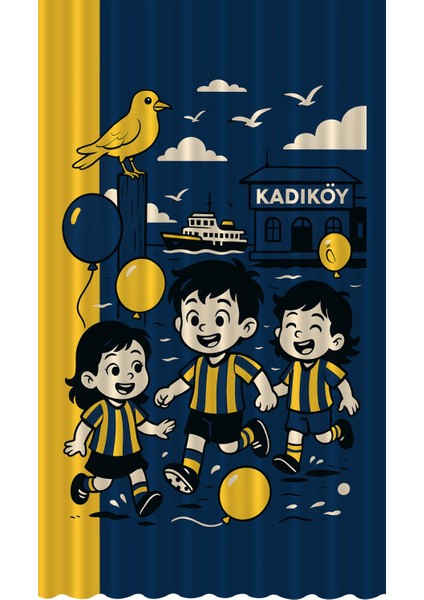 Çocuk ve Bebek Odası Sarı Lacivert Taraftar Futbol Serisi Fon Perde Tek Kanat (Curtaın)