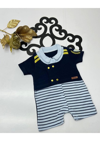 Yazlık Yelekli Çizgili Çıtçıtlı Koldan Nakışlı Erkek bebe Tulum
