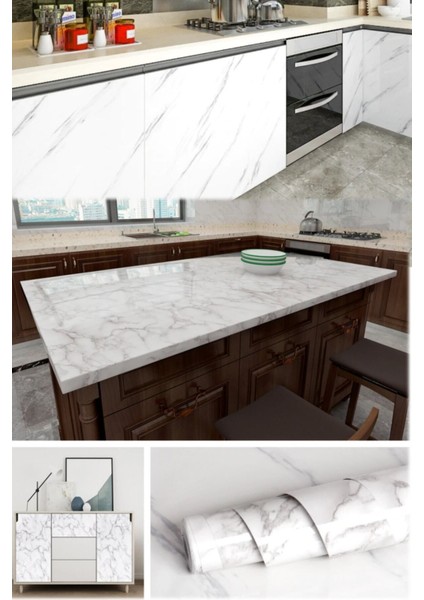 Yapışkanlı Mermer Görünümlü Masa Tezgah Dolap Mutfak Banyo 5 Metre x 60 cm Mermer Folyo Kağıt Beyaz