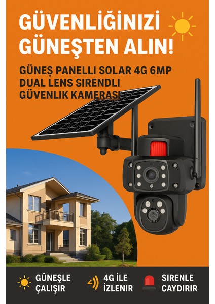 Güneş Panelli Solar 4g 6mp Dual Lens Sirenli Güvenlik Kamerası modelleri
