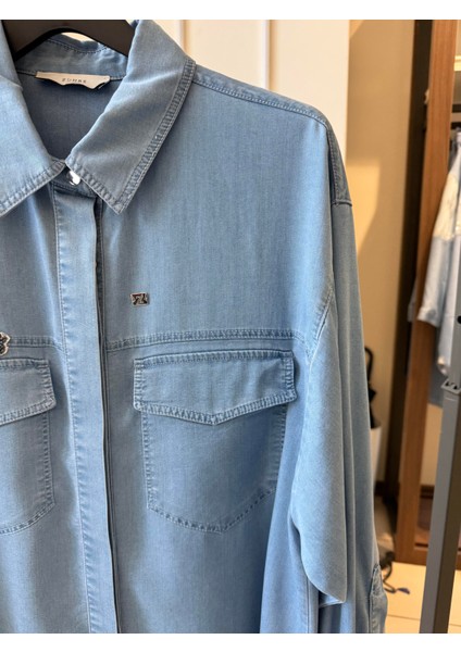 Pul Detaylı Kot Gömlek Buz Mavisi 0104