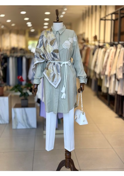 Işleme Detaylı Keten Tunik Küf Yeşili 81091