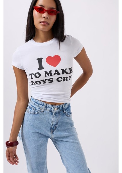 Nakış Detay Baskılı Crop T-Shirt