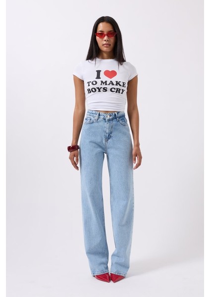 Nakış Detay Baskılı Crop T-Shirt