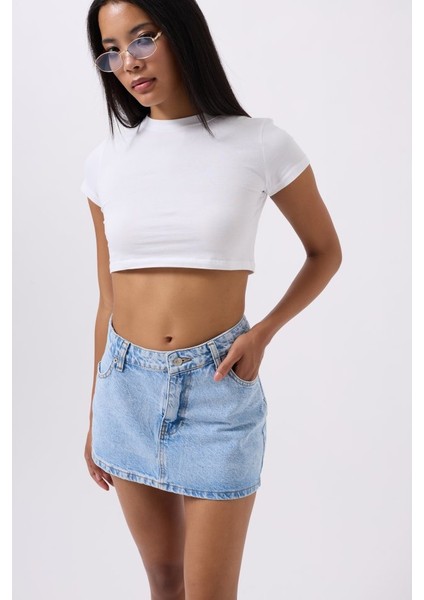 Asimetrik Bel Denim Mini Etek